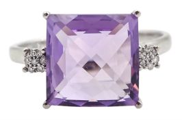 White gold three stone briolite cut square amethyst and round brilliant cut diamond ring