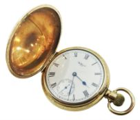 Early 20th century gold-plated full hunter keyless lever presentation Traveler pocket watch by Walth