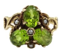 9ct gold three stone oval peridot and seed pearl ring
