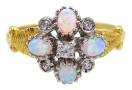 Silver-gilt opal and cubic zirconia flower head cluster ring