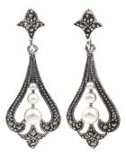 Silver marcasite and graduating three stone pearl pendant earrings