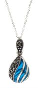 Silver plique-a-jour and marcasite pear shaped pendant necklace