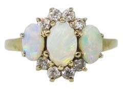 9ct gold three stone opal and cubic zirconia cluster ring