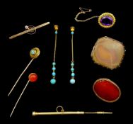 Collection of Victorian and later gold stone set jewellery including pair of turquoise pendant screw
