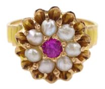 Gold pink stone and split pearl flower cluster ring