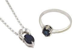 14ct white gold oval sapphire and zirconium pendant necklace