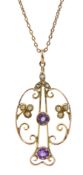 Edwardian 9ct rose gold open work split seed pearl and amethyst pendant