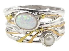 Silver and 14ct gold wire opal and pearl ring