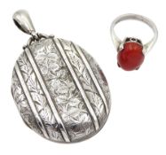 Victorian silver locket with bright cut floral decoration and a Scottish silver cabochon agate ring