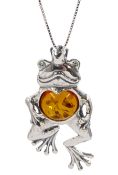 Silver amber Prince frog pendant necklace