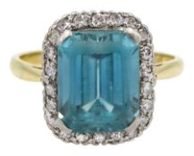 15ct gold emerald cut blue zircon and diamond cluster ring