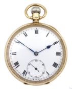 Early 20th century 9ct gold open face keyless lever 15 jewels pocket watch
