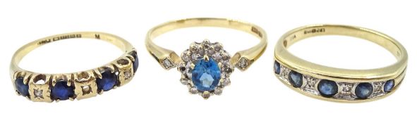 Two gold sapphire and diamond rings and a gold blue topaz and diamond cluster ring