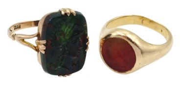 Early 20th century rose gold bloodstone intaglio Roman centurion ring