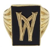 9ct gold black onyx signet ring with applied gold initial