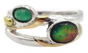 Silver and 14ct gold wire opal triplet and emerald ring