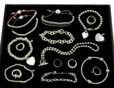 Collection of silver jewellery including Pandora bracelet with three charms