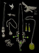 Silver marcasite and stone set jewellery including eagle brooch