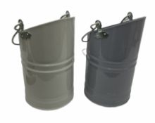 Two grey finish tin coal scuttles