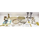 Assorted metalware including two silver plated serving spoons