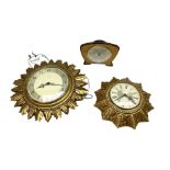 Two Smiths Sectric gilt sunburst wall clocks together Metamec Dereham wooden mantel clock