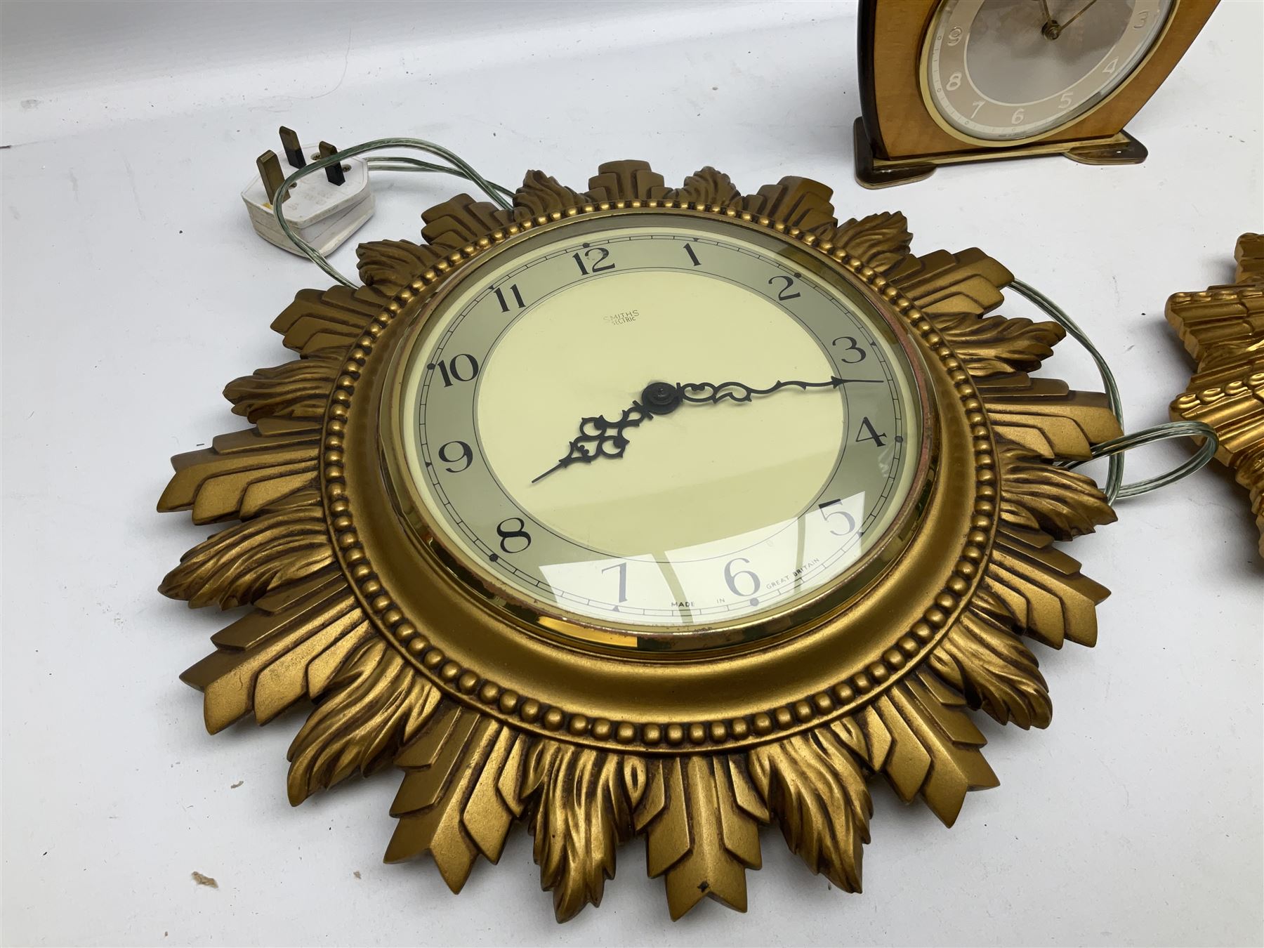 Two Smiths Sectric gilt sunburst wall clocks together Metamec Dereham wooden mantel clock - Image 2 of 6