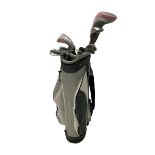 Delta golf clubs in bag and a travel fridge