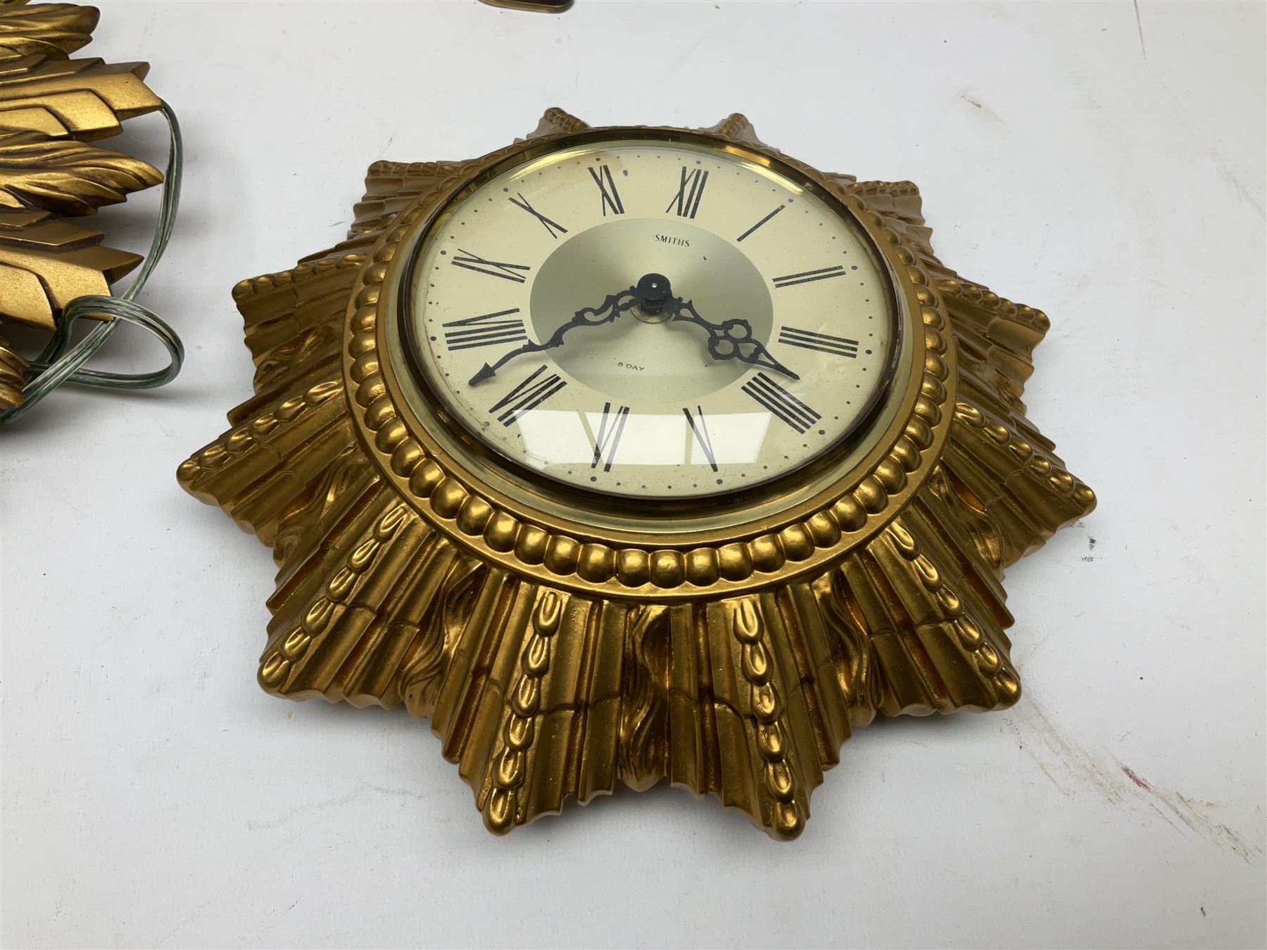 Two Smiths Sectric gilt sunburst wall clocks together Metamec Dereham wooden mantel clock - Image 6 of 6