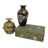 Cloisonn� baluster shaped vase with decorated with shield shaped panels containing butterflies and f