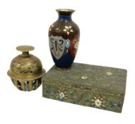 Cloisonn� baluster shaped vase with decorated with shield shaped panels containing butterflies and f