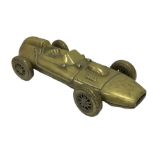 Large brass model of a vintage sport car with functioning wheels L57cm