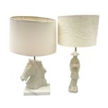 Two alabaster table lamps one modelled as Chinese sage figures and one modelled as horse head carved