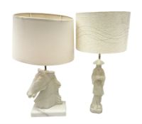 Two alabaster table lamps one modelled as Chinese sage figures and one modelled as horse head carved