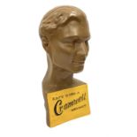 Cromwell Helmet plaster mannequin bust depicting 'Safe with a Cromwell Helmet' motto on yellow groun