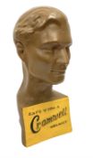 Cromwell Helmet plaster mannequin bust depicting 'Safe with a Cromwell Helmet' motto on yellow groun