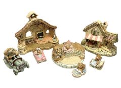 Collection of Pendelfin figures to include Band Stand 'Fruit Shop' and school house displays and six