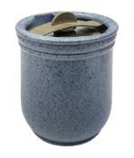 Royal Doulton Stoneware jar with blue mottled glaze and metal swivel patented mechanism to lid