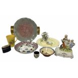Group of ceramics to include 19th Century spongeware plate decorated in red