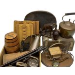 Quantity of metalware and treen to include copper kettles