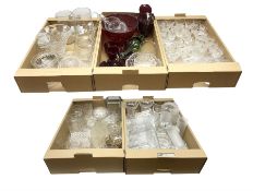 Five boxes of glassware to include coloured glass
