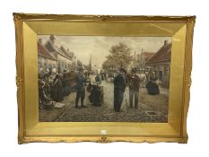 Large gilt framed hand-coloured print of a Dutch town after Henri Houben