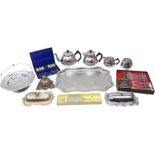 Assorted metalware including a Swan Cromalin four piece tea set