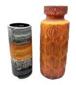 Two large West Germany pottery vases of cylindrical form with black and orange moulded decoration