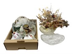 Large Swan pottery vase with a bouquet of dry flowers together with oblong crystal bowl