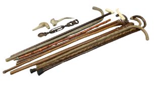 Quantity of walking sticks to include early 20th century example with hallmarked silver collar and t