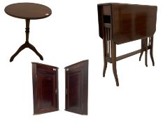 Pair of small inlaid mahogany corner cabinets