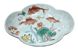 Oriental bowl of shallow form decorated with painted koi fish and sea plants