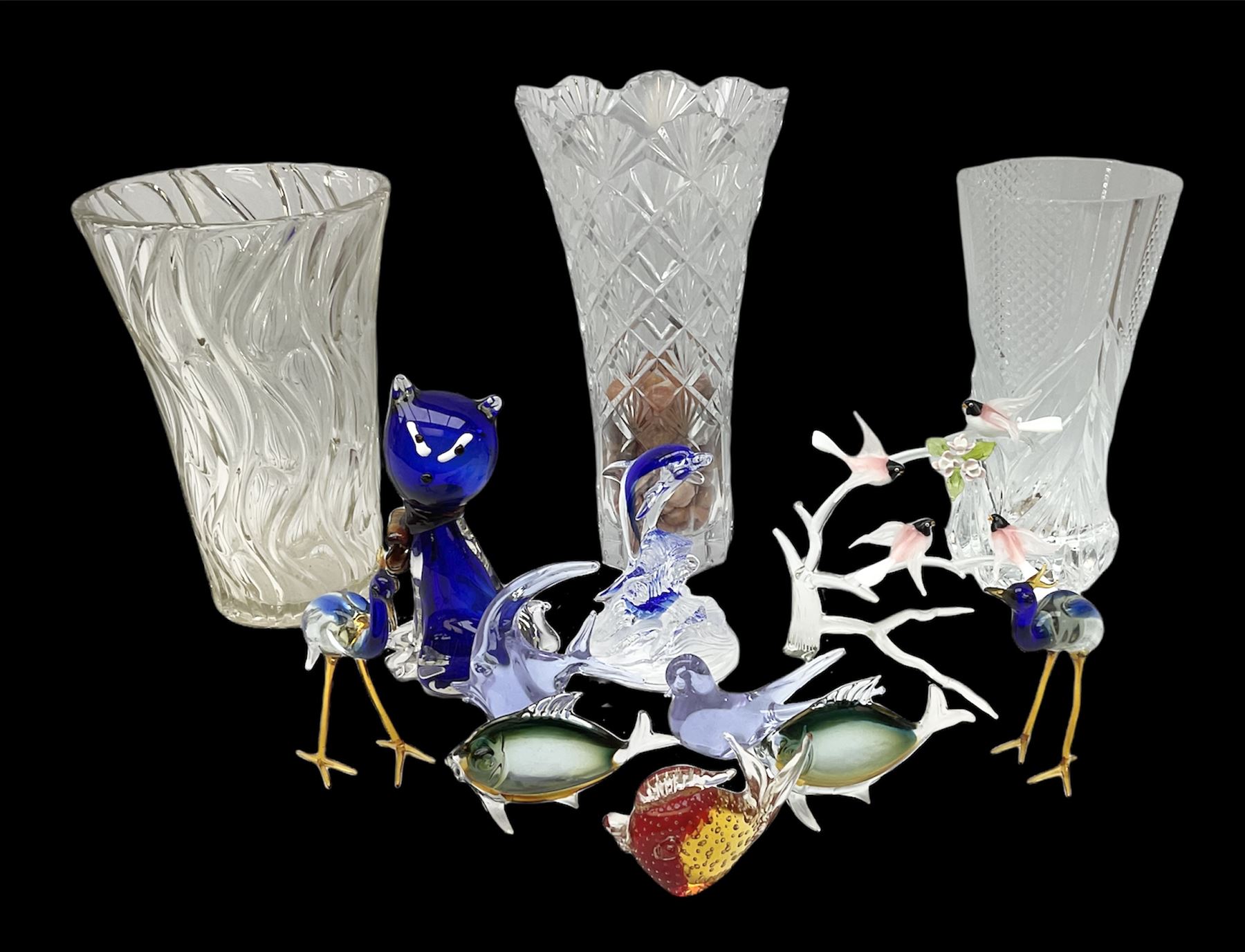 Quantity of glass animal figures to include examples modelled as fish