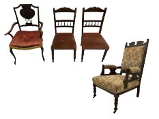 Late Victorian armchair plus pair carved Edwardian side chairs