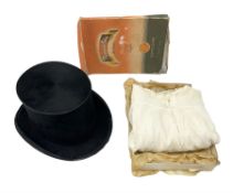Early 20th century black Dunn & Co London top hat together with lace 'Dainty Dot' girls dress